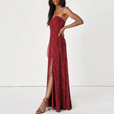Purpdrank  Women Fashion Embroidery Party Dress Sexy Strapless Sleeveless Solid Evening Dress Elegant Split Slim Big Swing Long Dress