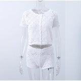 Purpdrank  Sexy Hollow Out 2 Pieces Set For Woman Casual Single-breasted Short Sleeve Top Mini Skirt Summer Holiday Knitted Lady Suit 2025