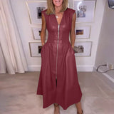 Purpdrank  Casual Solid PU Leather France Vintage Dress Women Spring V Neck Zipper Split Long Dress Summer Sleeveless Pockets Party Dresses