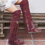 Purpdrank - Mujer Fashion Bohemia Knee-length Women Boots Ethnic Personality High Boots Tassels Faux Suede Boots Girl Flat Bottom Long Botas