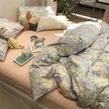 Purpdrank  Cute rustic french floral bedding set,purple yellow cotton twin full queen king home textile flat sheet pillow case duvet cover