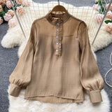 Purpdrank - Autumn Winter Women Two Piece Sets Stand Collar Puff Sleeve Ruffled Tops and Empire Slim Skirt with Belt Office Lady Suits