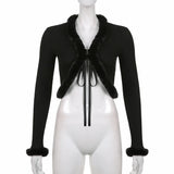 Purpdrank  Fashion Spring Fall Women Long Sleeve Lace Up Cardigan Outwear Faux Fur V-Neck Sexy Crop Top Shirt Casual Clothing