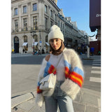 Purpdrank  Chic Knitted Cardigan Autumn Winter Women Coat Trend Stripes Fluffy Sweater Designs Long Sleeve Tops Casual Loose Jumpers New