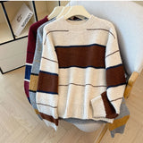 Purpdrank  High Quality Striped Knitted Sweater Women Fall Winter Korean Loose O Round-neck Jumpers Retro Long Sleeves Streetwear Tops New