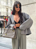 Purpdrank - Autumn Women's Grey Cropped Coat Elegant V-neck Single Breasted Long Sleeve Female Coats Winter Female Chic Streetwear Jackets
