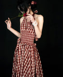 Purpdrank  Vintage Plaid Long Dress Women Vacation Beach Sexy Halter Floral Maxi Dresses Summer Korean Backless Bodycon Vestidos New