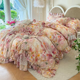 Purpdrank  100% Cotton Korean Princess Style Flowers Prints Lace Ruffles Bedding Set Duvet Cover 1.2M/1.5M/1.8M/2M Bed Skirt Pillowcases