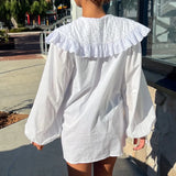 Purpdrank  New Spring White Cotton Long Lantern Sleeve Shirt Women Embroidery Lace Peter Pan Collar Front Open Buttons Loose Tops Blouses