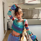 Purpdrank  Flare Sleeve Knitting Pullovers Women Rainbow Stripe Hollow Out Crop Tops Y2K Korean Loose O Neck All-Match Sunscreen Jumper