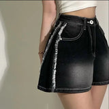Purpdrank  Vintage High Waist Women's Denim Shorts Tassel 2025 New Single Button Casual Loose Wide Leg Short Jeans Pants Female