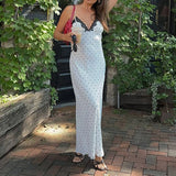Purpdrank  Elegant Streetwear Polka Dot V-neck Spaghetti Strap Dress Summer Lady Sexy Long  Dress Fashion French Style Outfits