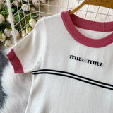 Purpdrank  Korean Sle Student Stripe Knitted T-irt Top High Waist A-Line Skirt Set round Ne ort Sve Casual Faion Ensemble