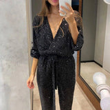 Purpdrank  Jumpsuit Women Sexy V Neck Sequins Long Sleeve Casual Belt Overalls Female High Waist Playsuit Elegant Ladies Party Club Romper
