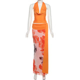 Purpdrank  Sexy Halter Three Piece Women Summer Dress Sets 2025 Fashion Swinging Collar Backless Cropped Top and Print Floral Long Skirts