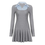 Purpdrank  Korean Preppy Style Grey Dress Women's Patchwork Lapel Collar Button Long Sleeve Slim Fake Two-Piece Pleated Mini Dress