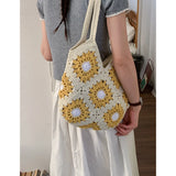 Purpdrank  Ethnic Style Sunflower Woven Bag for Women New Fashionable Tote Vacation Style Beach Bags