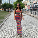 Purpdrank  Women Sexy Colorful Stripe Printing 2-Piece Halter Top+New High Waist Slim Skirt Summer New Fashion Street Set Hot
