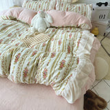 Purpdrank  3/4Pcs Vintage French Floral Lace Ruffles Winter Warm Milk Velvet Bedding Set Single Queen King Duvet Cover Bed Sheet Pillowcase