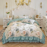 Purpdrank  Korean Princess Style 100% Cotton Bedding Set French Flowers Print Lace Ruffles Duvet Cover Bed Skirt Bedspread Pillowcases 4Pcs