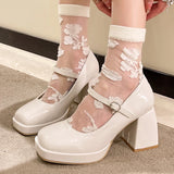 Purpdrank  Vintage Chunky High Heels Mary Jane Shoes for Women Patent Leather Platform Pumps Woman Square Toe Thick Heel Black Lolita Shoes