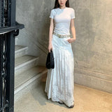 Purpdrank  Y2K White Midi Skirt Women Streetwear Lace Patchwork Skirts Summer Gyaru Korean Fashion High Waist Design A Line Faldas