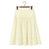 Purpdrank  New Holiday Buttons Low Waist Midi Long Skirt Women Spliced Ruched Wood ears Swing A-lined Skirts Boho Yellow White