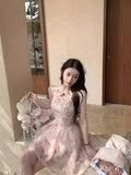 Purpdrank  Summer New Style Korean Version Slimming Pink Rose Print Hanging Neck Dress Short Princess Skirt No Sleeve High Waist