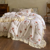 Purpdrank  Rose Flowers Print Lace Ruffles Bedding Set Lyocell Soft Silky Cool Feeling Duvet Cover Flat/Fitted Bed Sheet Pillowcase 4Pcs