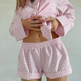 Purpdrank  Autumn Trend Retro Plaid Cardigan Long-sleeved Shorts Two-piece Foreign Trade Comfortable Home Wear