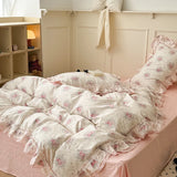 Purpdrank  3/4Pcs Flower Prints 100% Cotton Korean Princess Style Bedding Set Single Queen Duvet Cover Bed Sheet/Fitted Sheet Pillowcase