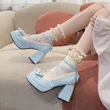 Purpdrank  Sweet Cute High Heel Design Single Shoe Thick Bottom Waterproof Platform Bow Decoration Lolita Casual Women's Vulcanized Shoes