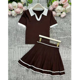 Purpdrank  Summer 2 pieces Knitted Women's Sets Polo Collar Short Sleeve Tops and Pleated Sexy Mini Skirts Outfits Suit for Female