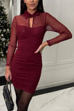 Purpdrank  Spring Elegant Women Fake Two Piece Tight Party Dress Sexy Office Lady Mesh Long Sleeve Turn Down Collar Corset Dress