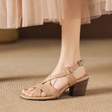 Purpdrank   Shoes Woman Summer Plus Size 34-42 Women's Cow Leather Narrow Band Cross Strap Hollow-out 6cm Thick Low Heel Casual Shoes