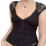 Purpdrank  Coquette Lace Shirt y2k Clothes Women Solid Color V Neck Cap Sleeve Crop Top with Bow Decor Sweet Aesthetic Clothes