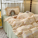 Purpdrank  Double Layer Yarn Pure Cotton French Floral Lace Ruffles Bedding Set Duvet Cover Set Pillowcases With Flat/Fitted Bed Sheet 4Pcs