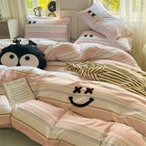 Purpdrank  Striped Cute Embroidered Bedding SetBed Flat Sheet Pillowcase Duvet Cover Set 200x230cm King Four Piece Set Soft Home Textiles