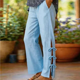 Purpdrank  Casual Linen Cotton Trousers Elastic Waist Side Split Tie Design Loose Pants