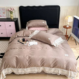 Purpdrank  Vintage Plaid Pure Cotton double-layer yarn four-piece set French lace Bedding Set Duvet Cover Pillowcases Flat/Fitted Bed Sheet