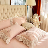 Purpdrank  Vintage French Beige Pink Lace Ruffles Flowers Embroidery Bedding Set Egyptian Cotton Quilt/Duvet Cover Set Bed Sheet Pillowcase