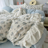 Purpdrank  3/4Pcs Vintage French Floral Lace Ruffles Winter Warm Milk Velvet Bedding Set Single Queen King Duvet Cover Bed Sheet Pillowcase