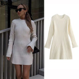 Purpdrank  Spring Autumn New Women's Ribbed Knitted Dress Long Sleeves Mini Dress A-Line O-Neck Streetwear Bodycon Black White Dresses