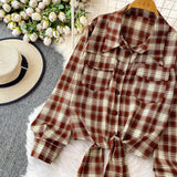 Purpdrank  Retro Hong Kong Sle Plaid Long Sve irt Women's ort Length Turn-down Collar Slimming Waist Tie Top for Autumn 2025