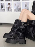 Purpdrank  Retro Mid-Calf  Boots Women's Long Boots Thi Bot ort Boots Korean Sle Spring Autumn Season Flat Heel PU Material