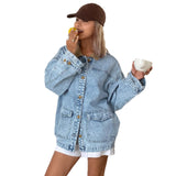 Purpdrank  Retro Denim Jacket Women's Autumn New Color Block Collar Jacket Loose Fit Long Sleeve Cotton Polyester Street Style Coat