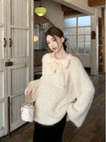 Purpdrank  Sweater Women Sweet Bow Round Neck Casual Knitted Sweaters Korean Fashion Gentle Solid Color Casual Long Sleeve Top