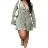 Purpdrank   Dresses for Women Summer Long Sleeve V-neck Pleated Mini Dress