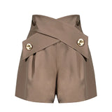 Purpdrank  Summer High Waist Shorts Cross Bandage Buttons Decoration Loose Wide Leg Casual Short Pants Khaki