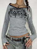 Purpdrank  Spring Grey Women's T-shirt V-Neck Long Sleeves Letter Print Crop Top Casual Fashion T Shirt Female Streetwear Sexy Cropped Tops